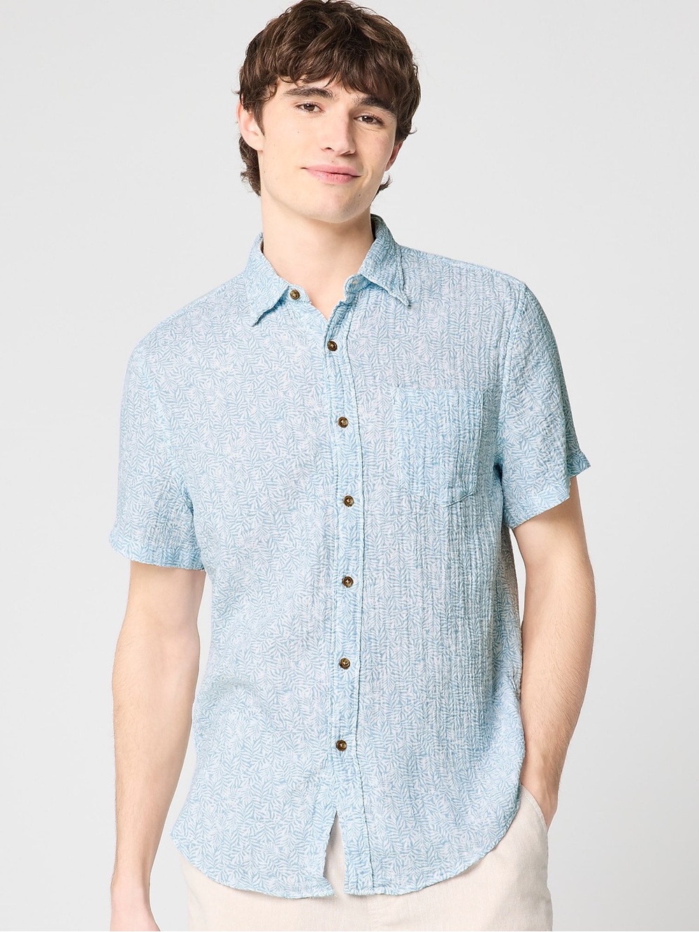 J. Crew Factory Light Blue Short-Sleeve Gauze Printed Button-Down